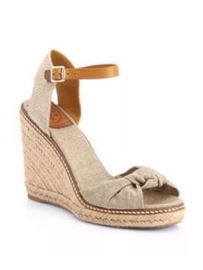 Woven Tory Burch Espadrille Wedge Sandal with Ankle Strap - Beige